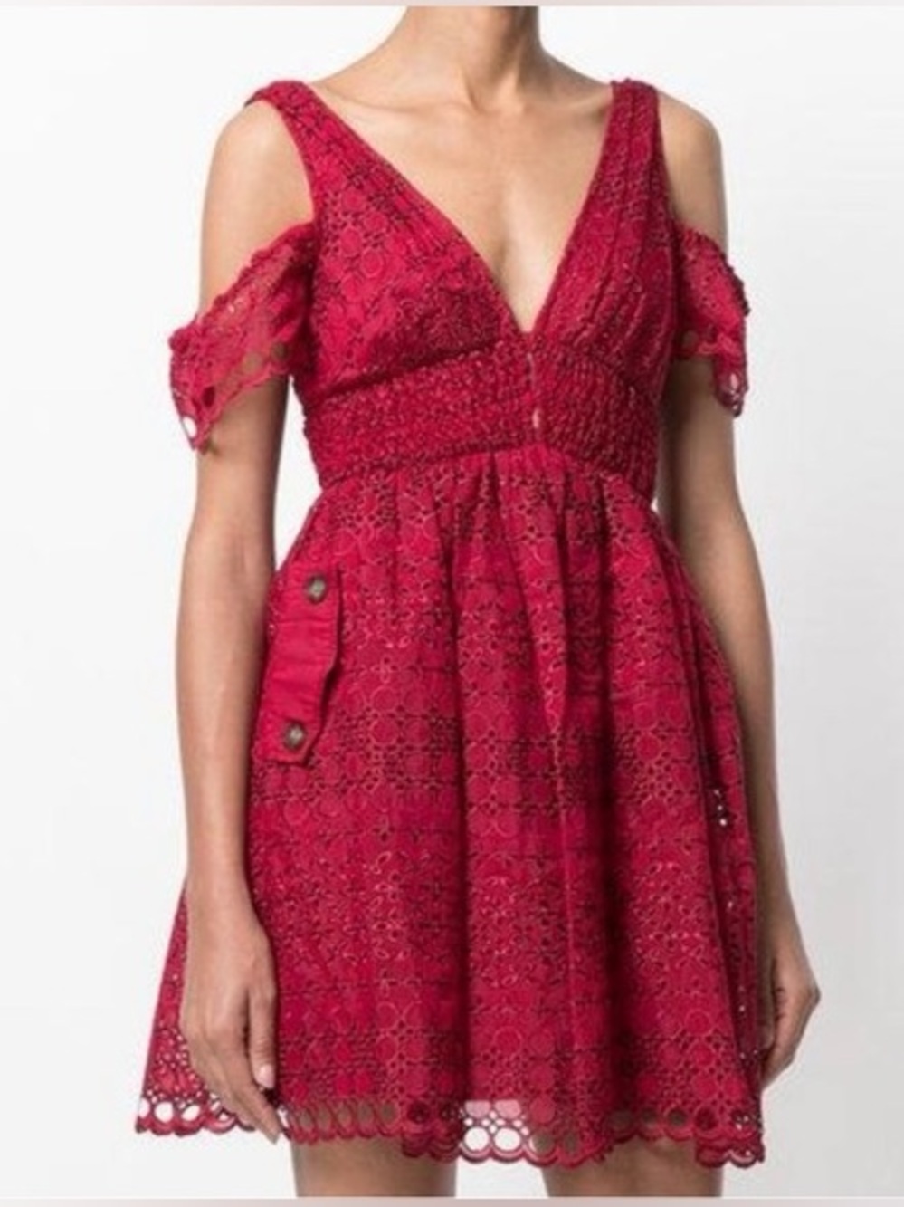Self-Portrait Red Broderie Anglaise Cold Shoulder Mini Dress | Eyelet Lace